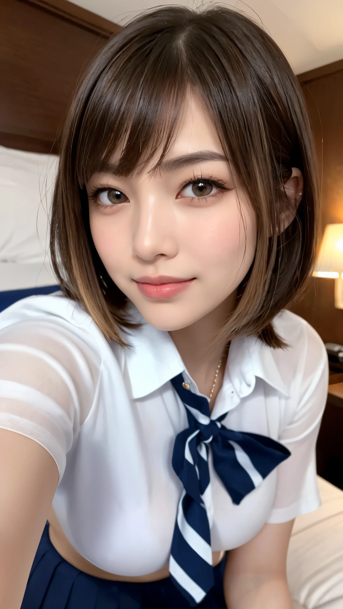 (masterpiece:1.3), high resolution, ultra detailed, extremely detailed CG unity 16k wallpaper, realistic, photo-realistic, RAW photo, super fucking beautiful detailed face, natural makeup, pale skin, realistic glistening skin, detailed cloth texture, detailed hair texture, beautiful detailed fullbody, Perfect female body, accurate, Anatomically correct, Highly detailed face and skin texture, natural neck length, (beautiful hands), (fair skin:1.1), (well-aligned teeth:1.1), ((beautiful large breasts)), (thighs:1.2), (cowboy shot:1.3), (looking at viewer),
BREAK,
Detailed eyes, symmetric eyes, Light Brown eyes, Double eyelids, Thin eyebrows, (Glossy lips:1.4), ((A face with waiting for a kiss:1.2)), (blush:1.1), (A sparkling small hair accessory:1.1), (beautiful smile:1.1), (sweat skin,blush:1.2),
BREAK,
((short hair, bob, Dark blonde hair, bangs:1.2)),
(wariza in a hotel bedroom, school uniform:1.3)