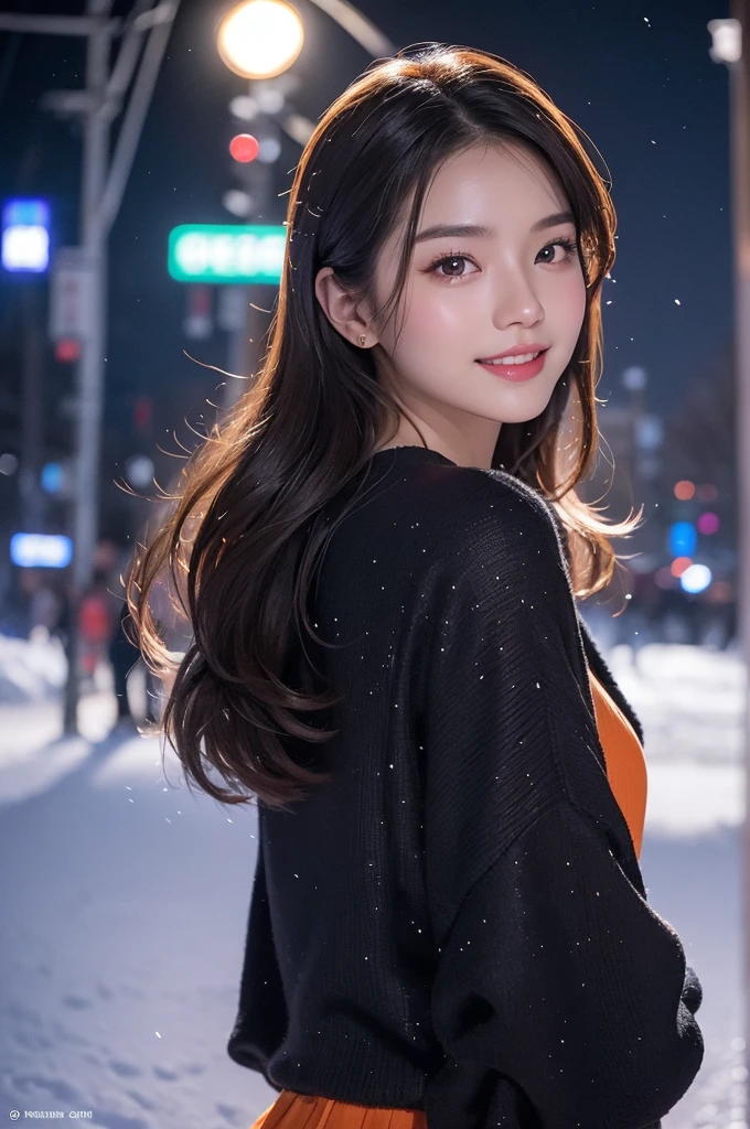 8k Ultra Resolution、Beautiful woman、One Woman、Dark Brown Hair:1.1、Ultra detailed face、Detailed lips、important、(Eyes are in focus)、double eyelid、Princess Eyes、Beautiful Japanese Women、Beautiful Japanese Woman、Sensual lips、Bewitching body、Bust size 82、8th class、Stand in a stimulating pose facing forward with a natural body and good balance between left and right.、Girlfriend in her 20s、(20-year-old)、sense of distance、nice smile、 Wear black-red-orange-light purple-fashionable and trendy long sleeve clothes and skirts,,、important(Detailed hand counts and shapes)、Sharp images、Detailed eye sparkle、Heavy snow falling in the background、color々Hair style、Incredibly realistic and detailed snow、Snow piled up in the background、Ultra-realistic and detailed night view and Christmas,