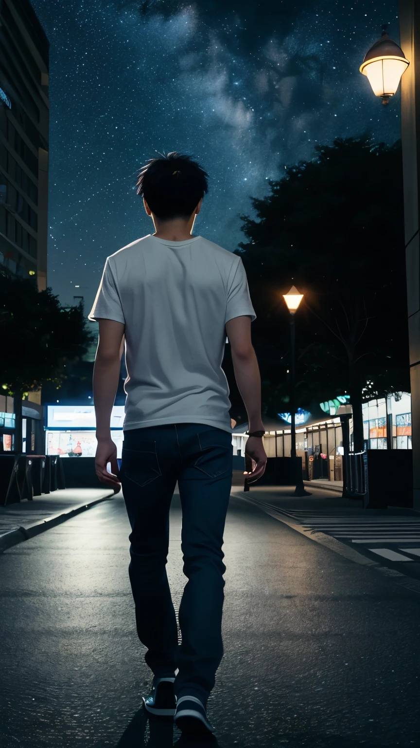 A high-quality, detailed anime image of a man walking alone through the city at night, looking up at the night sky. He is wearing jeans and a white T-shirt. The background features a vibrant nighttime cityscape under a starry sky.