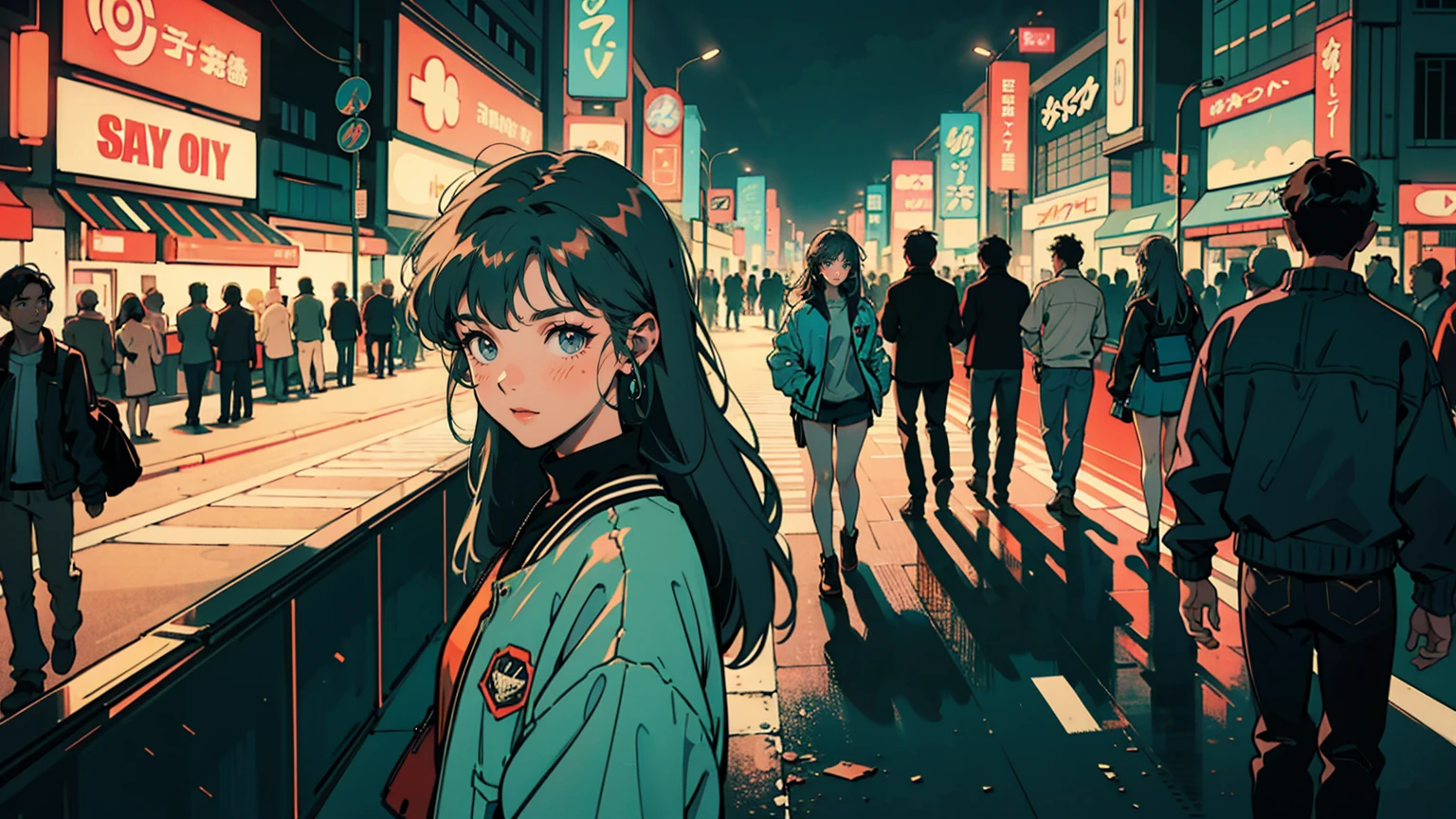 A neon-drenched night in neo-Tokyo, an 18-year-old girl with flowing long hair stands at a crowded crosswalk. She wears oversized headphones, lost in her own musical world. Her vintage letterman jacket contrasts with the hyper-modern cityscape. Holographic ads reflect in her eyes, mixing wonder and melancholy. Flying taxis whiz overhead as she waits, caught between the nostalgia of the past and the pull of the future