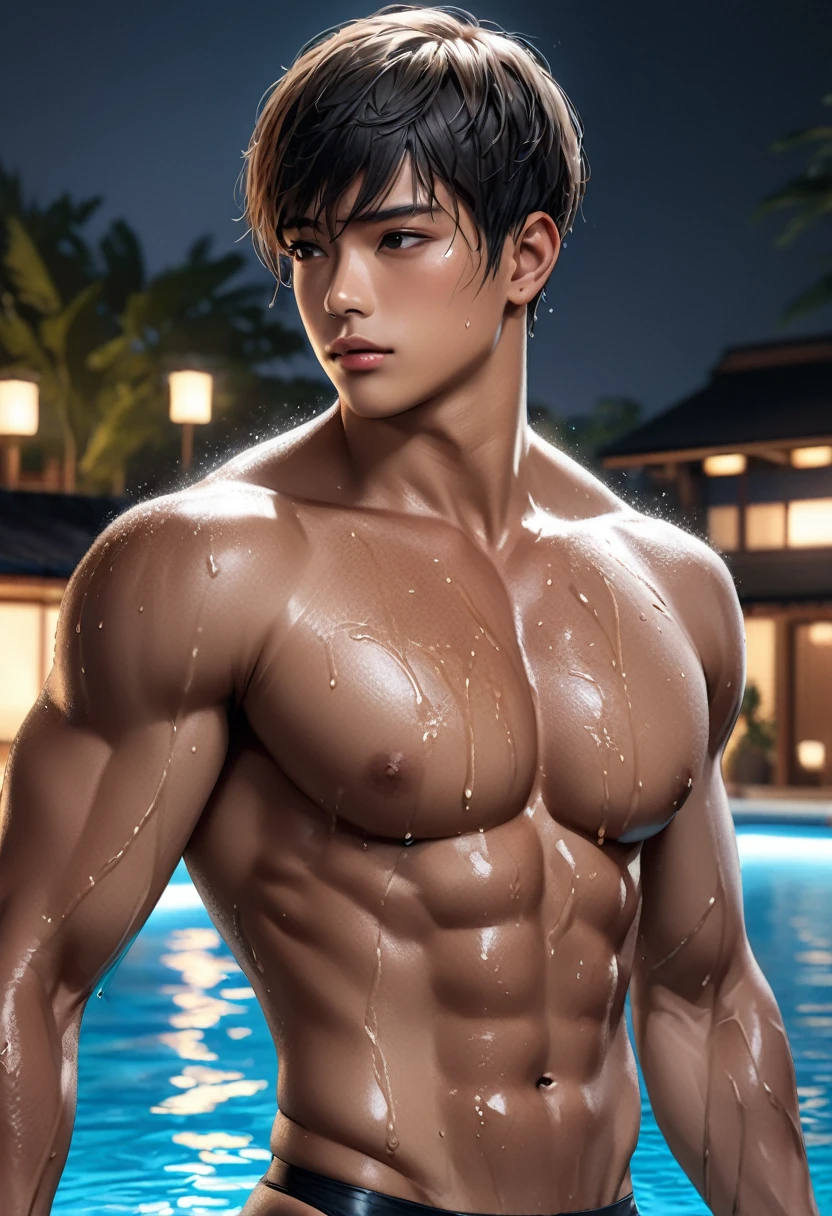 high quality, detailed, Realistic,(one ************ tanned japanese boys:1.5), (detailed black eyes), (black short hair), (muscle:1.2), (tanned dark brown skin), night pool, (black tiny thong), (bulge), (detailed nipples), detailed areola, best quality, 4k, 8k, highres, (masterpiece:1.2),ultra-detailed, (realistic, photorealistic, photo-realistic:1.37), wet body, (face close up:0.8),--no watch,