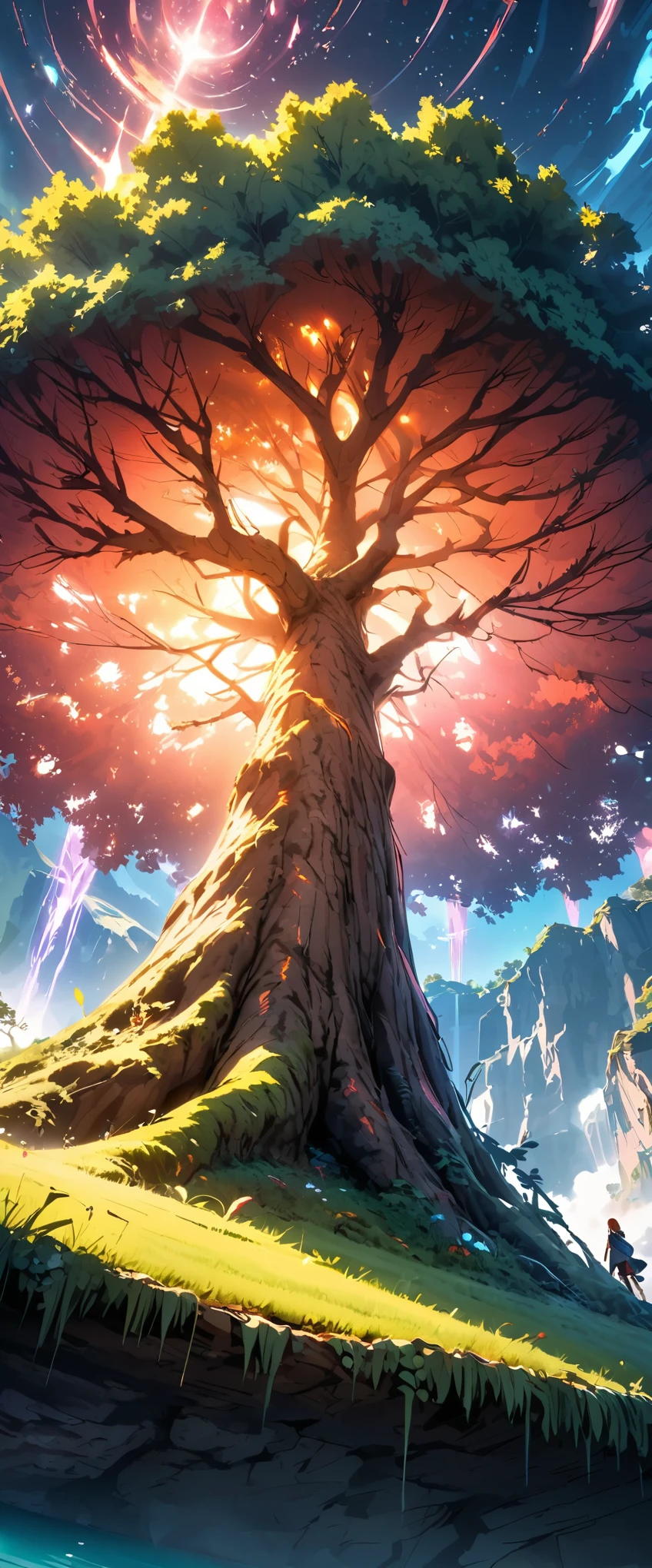 A big tree that reaches the sky, A large tree on a small island in a lake, Trunk and branches piercing the sky, world Tree, Mysterious Space, Fog, Floating Spirit Light, Gentle light effect, bright, ((Wide-angle lens, Low angle shot:1.4)), (Highest quality:1.2, Very detailed, Detailed illustrations, Attention to detail, masterpiece:1.2, Best aesthetics),