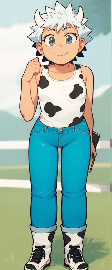 score_9, score_8_up, source_anime, masterpiece, best quality, BREAK 1girl, white horns, white spiked hair, grey eyes, >:) smile, pants, cow print tank top, jeans, meadow