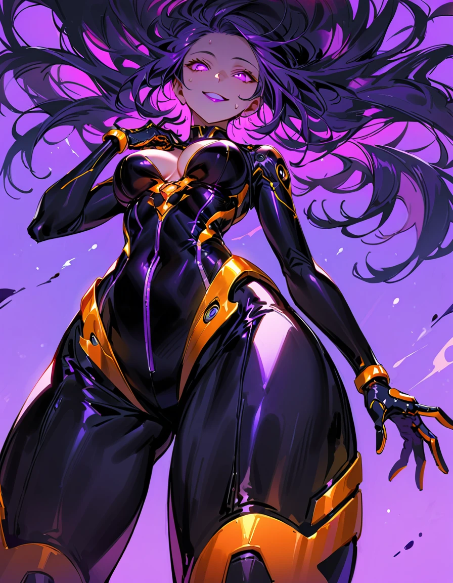 woman, cyborg, high ponytail, eletronics implants, perfect body, black hair, corruption, sadistic smile