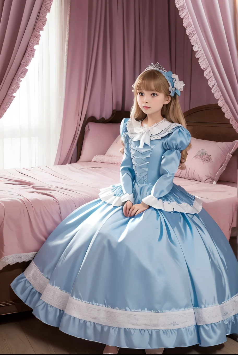 highest quality, masterpiece, highest resolution, artwork, super それにget used to it, many get used to it, get used to it, それにget used to it, 3k realistic pictures,,(( s)),Ultra-detailed juvenile face,ultra-detailed beautiful little girl princess,full length ball gown dress with hoop skirt,ruffled yoke collar,puff sleeves,long sleeve,((Lolita style light blutailed princess satin dress with lots of ruffles and ribbons)),Rococo style lolita fashion,shiny satinss,Soft and smooth fabric,detailed princess dress,luxury,long blonde hair,blue eyes,white skin european,Pajama,((in the bedroom of the palace)),luxury princess canopy king size pink bed,shiny satin sheets,ultra-detailed princess bed,High-quality background,lot of frilled pillows,on the bed,