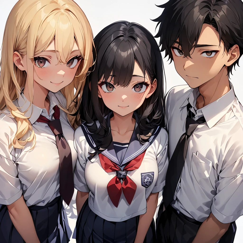 (highest quality:1.2, Very detailed, up to date, Vibrant, Ultra-high resolution, High Contrast, masterpiece:1.2, highest quality, Best aesthetics), anime, whole body, multiple people、(two girls and 1 boy:1.5), (two girls are standing on either side of the boy:1.2), (they are 22-years-old:1.5), wearing high-school uniform, (one girl on the left ((Japanese, 20-years-old, Narrow space between the eyes, Big slant eyes, tsurime:1, Small Nose, gold hair, Medium long wavy hair:1, very tall:1, medium Breasts, sexy, slim, school uniform) and one boy in center (Japanese, 20-years-old, tall, slim, male,black hair,brown eyes) and one girl on the right (Japanese, 20-years-old, Narrow space between the eyes, Big slant eyes, Small Nose, black Hair, short cut, bob cut, medium Breasts, slim, school uniform)), (No background:1.4), ((Plain white background:1.3)), standing side by side apart, look at viewer