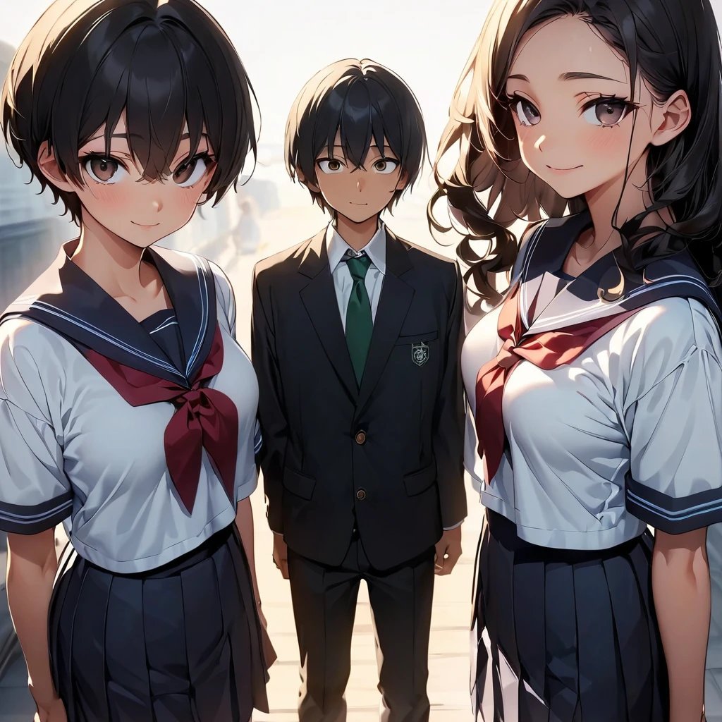 (highest quality:1.2, Very detailed, up to date, Vibrant, Ultra-high resolution, High Contrast, masterpiece:1.2, highest quality, Best aesthetics), anime, whole body, multiple people、(two girls and 1 boy:1.5), (two girls are standing on either side of the boy:1.2), (they are 22-years-old:1.5), wearing high-school uniform, (one girl on the left ((Japanese, 20-years-old, Narrow space between the eyes, Big slant eyes, tsurime:1, Small Nose, gold hair, Medium long wavy hair:1, very tall:1, medium Breasts, sexy, slim, school uniform) and one boy in center (Japanese, 20-years-old, tall, slim, male,black hair,brown eyes) and one girl on the right (Japanese, 20-years-old, Narrow space between the eyes, Big slant eyes, Small Nose, black Hair, short cut, bob cut, medium Breasts, slim, school uniform)), (No background:1.4), ((Plain white background:1.3)), standing side by side apart, look at viewer