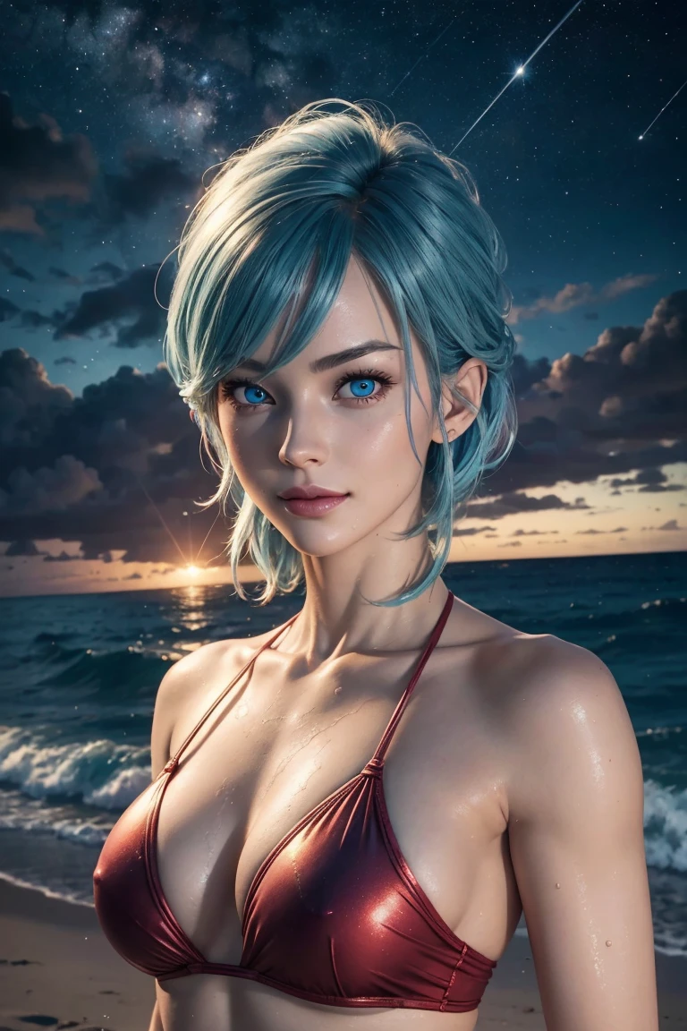 Dragon Ball Z,Bloomer,Light blue hair color,Beautiful Hair,Shortcuts,beautifully arranged bangs,Pale blue eyes,White skin,Photorealistic,Ultra HD,high quality,masterpiece,Digital SLR,Detailed details,Intricate details,Anatomical basis,Depicted in detail,A detailed face,Realistic skin texture,Vivid details,Perfect Anatomy,Perfect Anatomy,Anatomically correct hand,Anatomically correct fingers,Super Detail,Complex 3D rendering,Sexy pose,Sexy Swimwear,Red swimsuit,Wet,Beautiful night sky,A beach with a beautiful starry sky,Fantasy worldview,Picturesque,Pink Lips,smile,