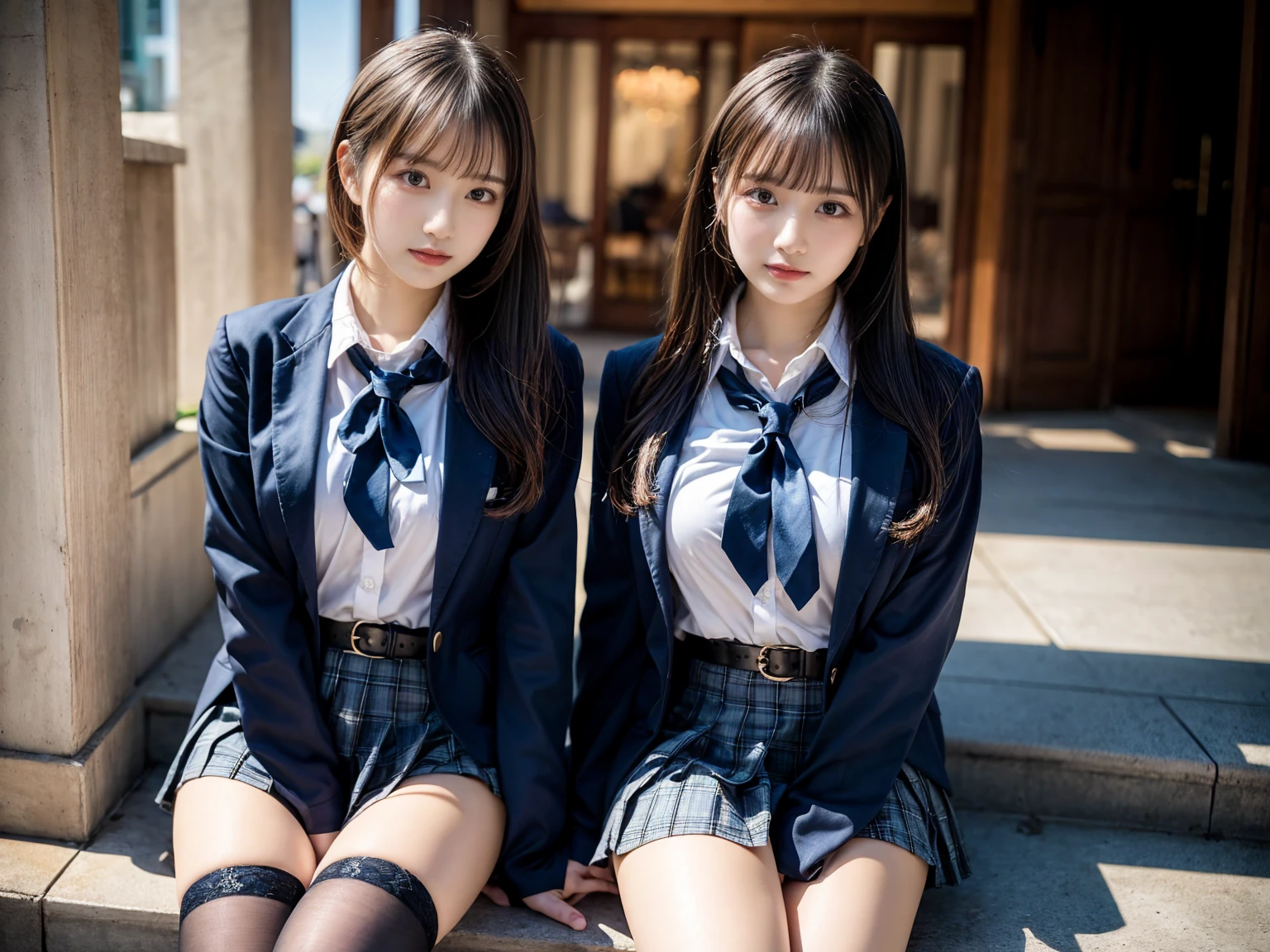(8K, Raw photography, top-quality, masterpiece:1.2), master piece, best quality, illustration, Super detailed, fine details, High resolution, 8K,wall paper, perfect dynamic composition,(Details High quality, realistic depiction of eyes:1.3), ((2 girls, 2 schoolgirls)), The background is a luxury hotel room、High school girl uniform、blazer 、Super Short Check Uniform Skirt、Navy blue high socks、garterbelts、Colossal tits、Disturbed uniform, Play with each other,Touching each other's bodies,Touching the body of the girl next door, short bob hair, black hair color, huge breasts, Big Natural Color Lip, bold sexy pose, (perfect body shape), crying a little、cold gaze, Beautiful makeup,glitter makeup,Cutest 18 years old, beautiful legs, hposing Gravure Idol, Voluptuous thighs
