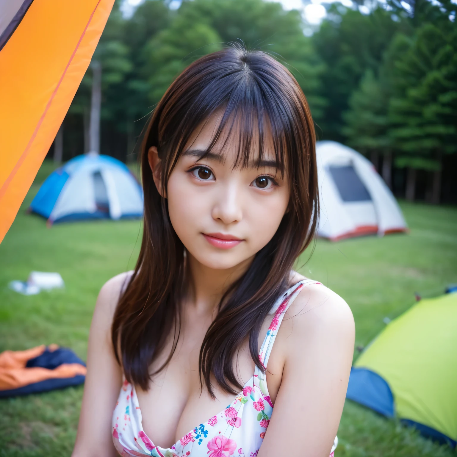 (Best-quality, Masterpiece, Ultra-High-Resolution, (Photorealistic:1.4), Raw Photo, depth of field, professional lighting), ((3girls, Japanese idol, Japanese actress, Japanese model, having fun at mountain, camping)), big tent, ((((extremely cute face, extremely beautiful face, extremely attractive face)))), big-eyes, beautiful skins, beautiful hair
