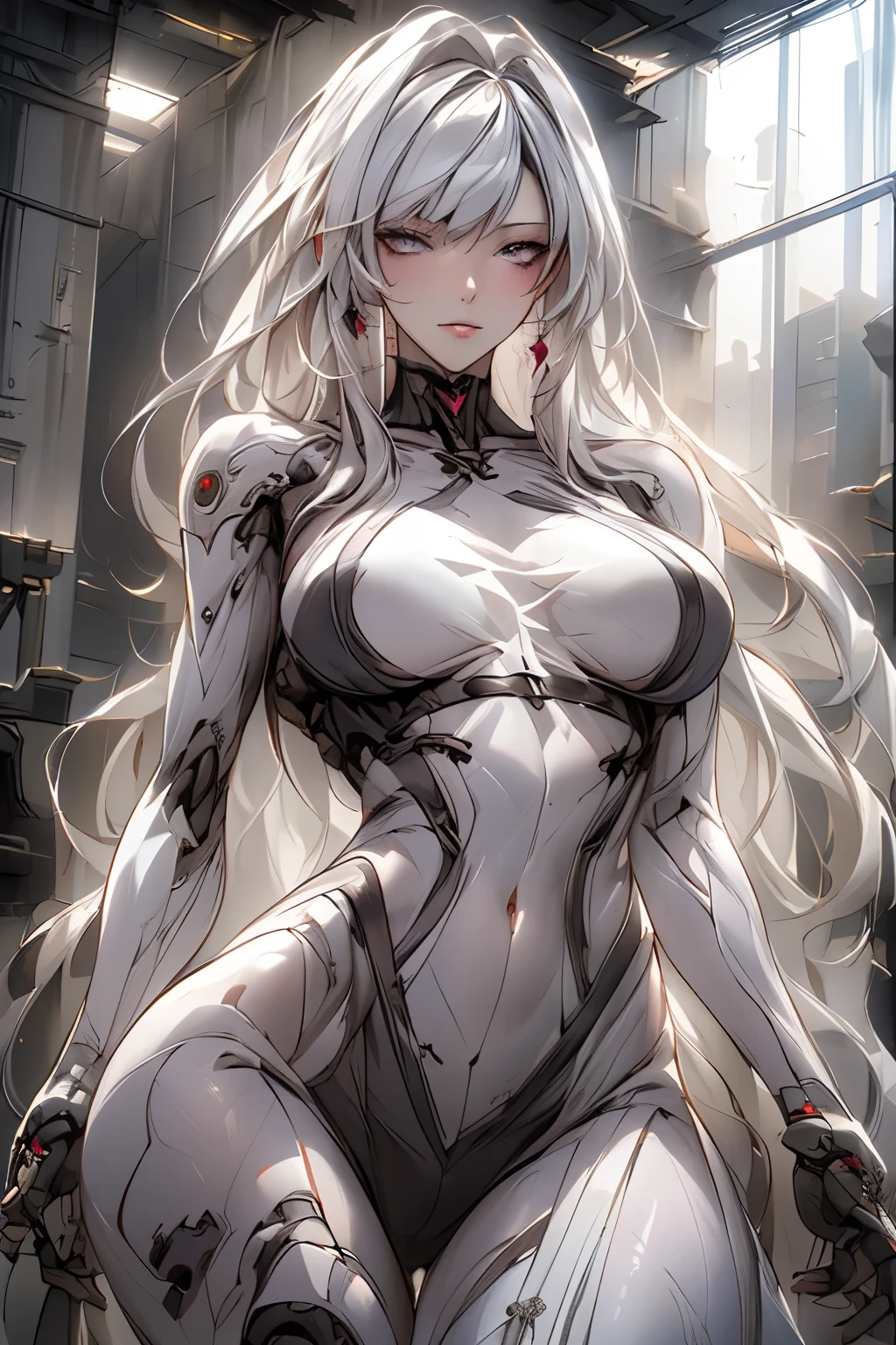 ((best quality)), ((masterpiece)), (detailed), Photorealistic, high resolution, mature woman, Image of a beautiful cyberpunk woman, เหมือนจริง, Hips up, jewelry, Curtain Bangs, White hair, White eyes, หน้าอกใหญ่, HDR (high dynamic range), After processing, Anisotropic filtration,depth of field, Maximum clarity and clarity, multi-layered surface, perfect proportions, 8K raw files, กระโปรงสั้น, natural lighting, soft lighting, sunlight, cyberpunk city, detailed anatomy, Cyber Samurai, cybog