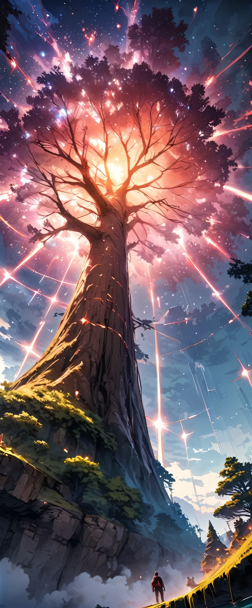 A big tree that reaches the sky, A large tree on a small island in a lake, Trunk and branches piercing the sky, world Tree, Mysterious Space, Fog, Floating Spirit Light, Gentle light effect, bright, ((Wide-angle lens, Low angle shot:1.4)), (Highest quality:1.2, Very detailed, Detailed illustrations, Attention to detail, masterpiece:1.2, Best aesthetics),