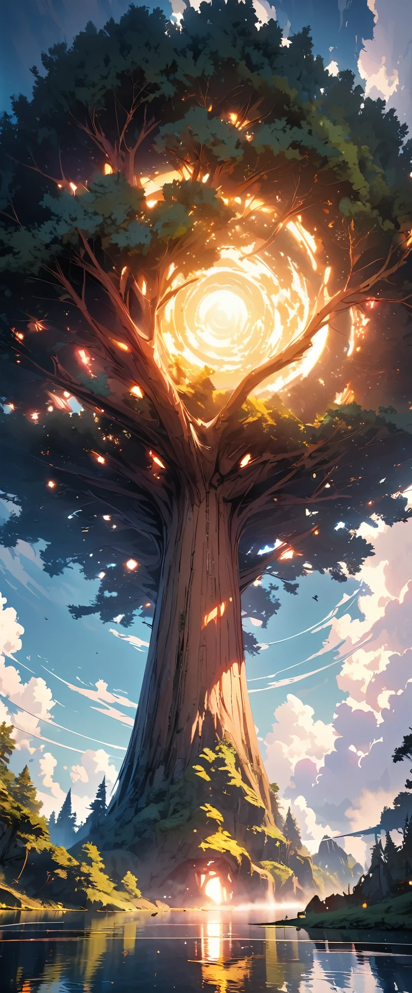 A big tree that reaches the sky, A large tree on a small island in a lake, Trunk and branches piercing the sky, world Tree, Mysterious Space, Fog, Floating Spirit Light, Gentle light effect, bright, ((Wide-angle lens, Low angle shot:1.4)), (Highest quality:1.2, Very detailed, Detailed illustrations, Attention to detail, masterpiece:1.2, Best aesthetics),