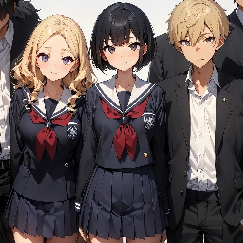 (highest quality:1.2, Very detailed, up to date, Vibrant, Ultra-high resolution, High Contrast, masterpiece:1.2, highest quality, Best aesthetics), anime, whole body, multiple people、(two girls and 1 boy:1.5), (two girls are standing on either side of the boy:1.2), (they are 22-years-old:1.5), wearing high-school uniform, (one girl on the left ((Japanese, 20-years-old, Narrow space between the eyes, Big slant eyes, tsurime:1, Small Nose, gold hair, Medium long wavy hair:1, very tall:1, medium Breasts, sexy, slim, school uniform) and one boy in center (Japanese, 20-years-old, tall, slim, male,black hair,brown eyes) and one girl on the right (Japanese, 20-years-old, Narrow space between the eyes, Big slant eyes, Small Nose, black Hair, short cut, bob cut, medium Breasts, slim, school uniform)), (No background:1.4), ((Plain white background:1.3)), standing side by side apart, look at viewer