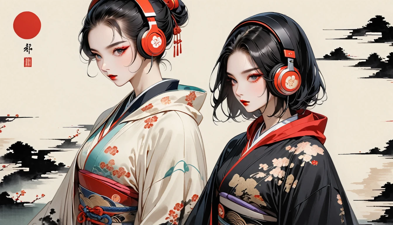 (((Ink Painting))), (((seiza))), (((front view))), (((Flashy makeup))), (((Japanese style headphones))), (((Japanese pattern hoodie))), (((Put on the hood))), Japan人の美少女, Black Hair, Delicate and precise, Modern ukiyo-e style,Japan, Japanese flag, vivid color
