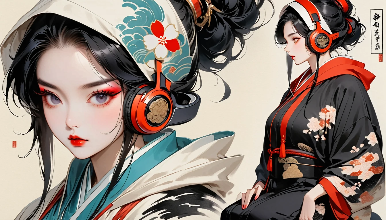 (((Ink Painting))), (((seiza))), (((front view))), (((Flashy makeup))), (((Japanese style headphones))), (((Japanese pattern hoodie))), (((Put on the hood))), Japan人の美少女, Black Hair, Delicate and precise, Modern ukiyo-e style,Japan, Japanese flag, vivid color