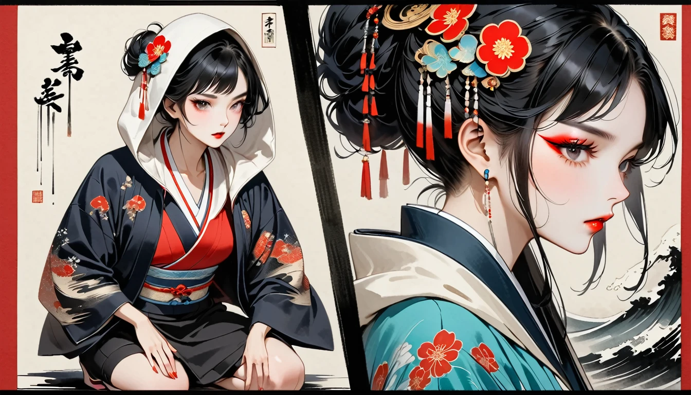 (((Ink Painting))), (((seiza))), (((front view))), (((Flashy makeup))), (((Japanese style headphones))), (((Japanese pattern hoodie))), (((Put on the hood))), Japan人の美少女, Black Hair, Delicate and precise, Modern ukiyo-e style,Japan, Japanese flag, vivid color