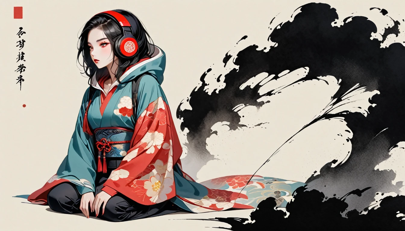 (((Ink Painting))), (((seiza))), (((front view))), (((Flashy makeup))), (((Japanese style headphones))), (((Japanese pattern hoodie))), (((Put on the hood))), Japan人の美少女, Black Hair, Delicate and precise, Modern ukiyo-e style,Japan, Japanese flag, vivid color