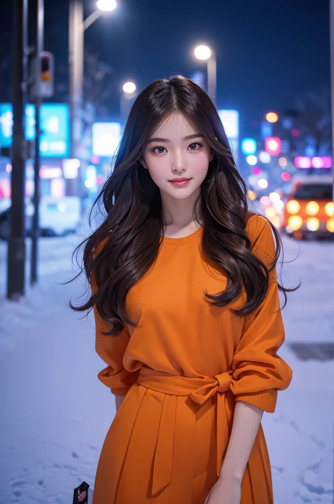 8k Ultra Resolution、Beautiful woman、One Woman、Dark Brown Hair:1.1、Ultra detailed face、Detailed lips、important、(Eyes are in focus)、double eyelid、Princess Eyes、Beautiful Japanese Women、Beautiful Japanese Woman、Sensual lips、Bewitching body、Bust size 82、8th class、Stand in a stimulating pose facing forward with a natural body and good balance between left and right.、Girlfriend in her 20s、(20-year-old)、sense of distance、nice smile、 Wear black-red-orange-light purple-fashionable and trendy long sleeve clothes and skirts,,、important(Detailed hand counts and shapes)、Sharp images、Detailed eye sparkle、Heavy snow falling in the background、color々Hair style、Incredibly realistic and detailed snow、Snow piled up in the background、Ultra-realistic and detailed night view and Christmas,