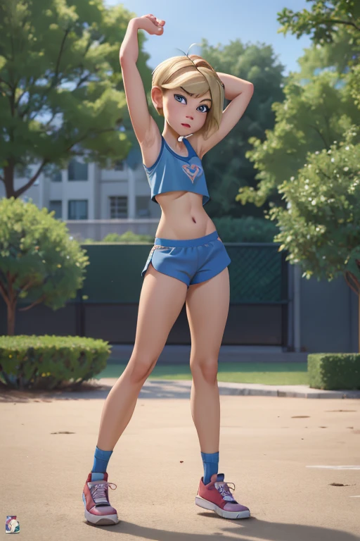 in a park, androgynous, look back, short pixie cut, blonde, blue eyes., tying her hair, ((breasts, armpits)), sneakers, (((full body view))), micro gym shorts, beautiful face, thick eyebrows, tomboyish, baby face