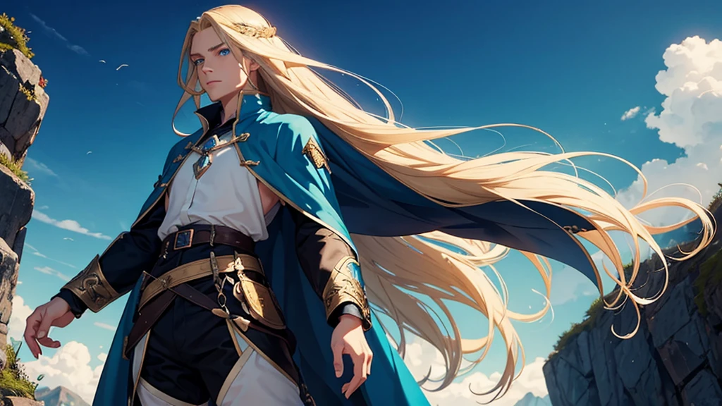 1man, long hair, blonde hair, androgynous man, blue eyes, fantasy adventurer outfit
