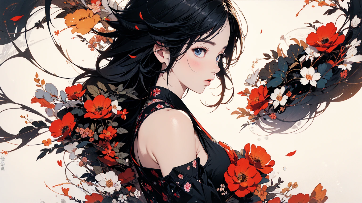 (masterpiece, High resolution, Highest quality), 20-year-old woman, Exposed cleavage, Japanese-style punk fashion:1.2, Petal Collage, abstract design, And handle background, warm color, artistic juxtapositions, mixed-media approach, Anime Style, Simple lines, Digital Painting,