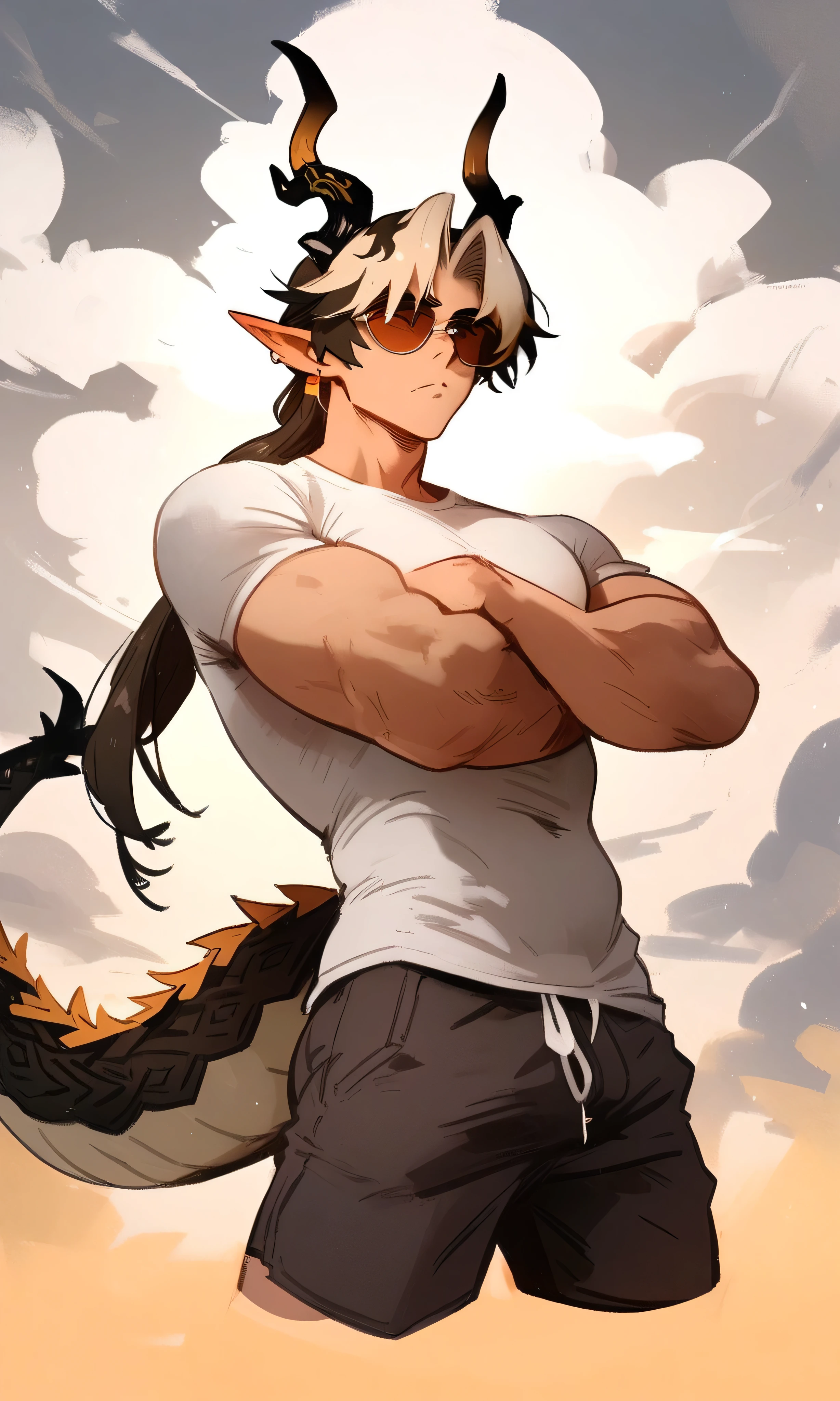1boy, chong yue \(arknights\), arknightss \\\\\ masterpiece, best quality, newest,horns, ///// by khyle, cutesexyrobutts \\\\\ highres, absurdes. (dragon tail:1.2), looking at viewer, , ,cropped legs, solo, shorts, t-shirt, (boy:1.2), male focus, muscular, black dragon tail, sky, clouds, he has black hands, crossed arms, pointy ears, dragon boy, sunglasses, hidden eyes, black hands