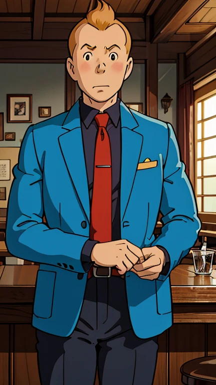 (1man, Tintin,1boy), (extremely detailed CG unit 8k wallpaper),(master part), (best quality), (ultra detail), (best illustration),(ghibli style), cowboy shot, (Sharp eyeliner, ombre, detailed eyes:1), bar indoors background, ,break , (blue jacket, red tie, black shirt), upper body