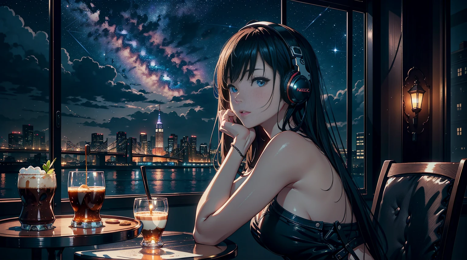 masterpiece、high resolution 8k、NSFW、sharp focus、contrast lighting、fine skin、muste piece、 highest quality、Ultra - High resolution、Super high resolution、Highly detailed CG, realisticlying, 1 girl, Beautiful, wearing headphones, enjoying hot coffee solo, Late Night Cafe, looking to viewer, city, starry sky, cloud, night.