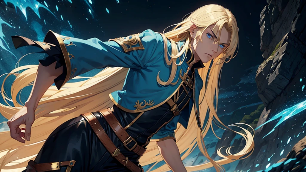 1man, long hair, blonde hair, androgynous man, blue eyes, fantasy adventurer outfit, angry looking