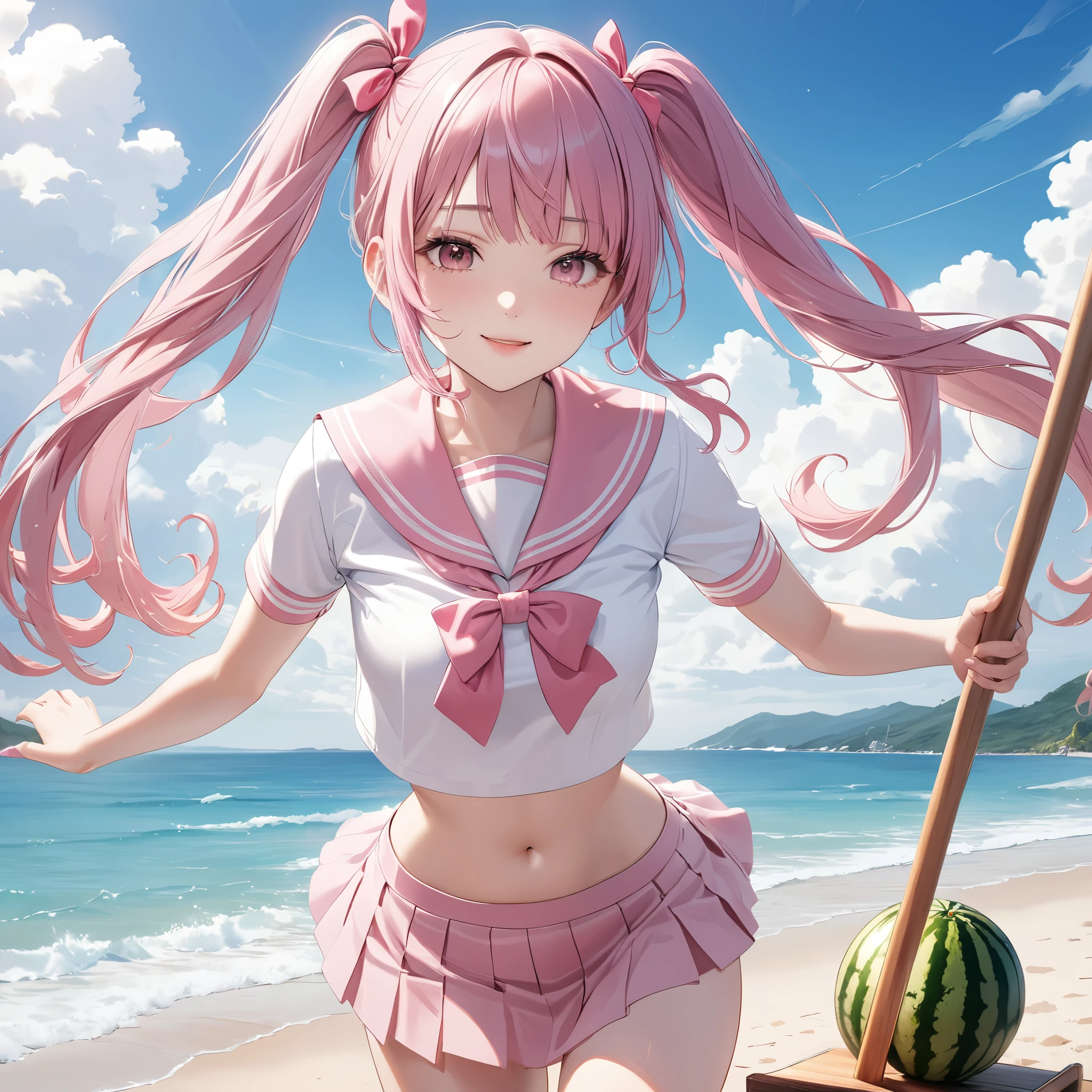 (8K, masutepiece, Best Quality, Official art, beautiful lighting, The best masterpiece in history that exceeds limits, beautiful detailed), (1 Girl, Solo), (sixteen years old), (beautiful detailed face), (shiny white skin), (Beautiful big bust:1.2), (thighs, navel), (beautiful detailed pink twin tails hair, Bangs:1.3), (high school uniform:1.3), (patsel pink sailor collar, white short sleeves short length outing shirt, pastel pink pleated skirt, patsel pink ribbon:1.3), (happy smile:1.2), (Attractive, Look at the camera, cute pose), breathtaking scenery, (ultra detailed realistic Beautiful summer sea, beach, blue sky:1.2), (Watermelon Smashing, having a long pole and smashing a watermelon on the beach, Blindfolded with a white cloth:1.3),