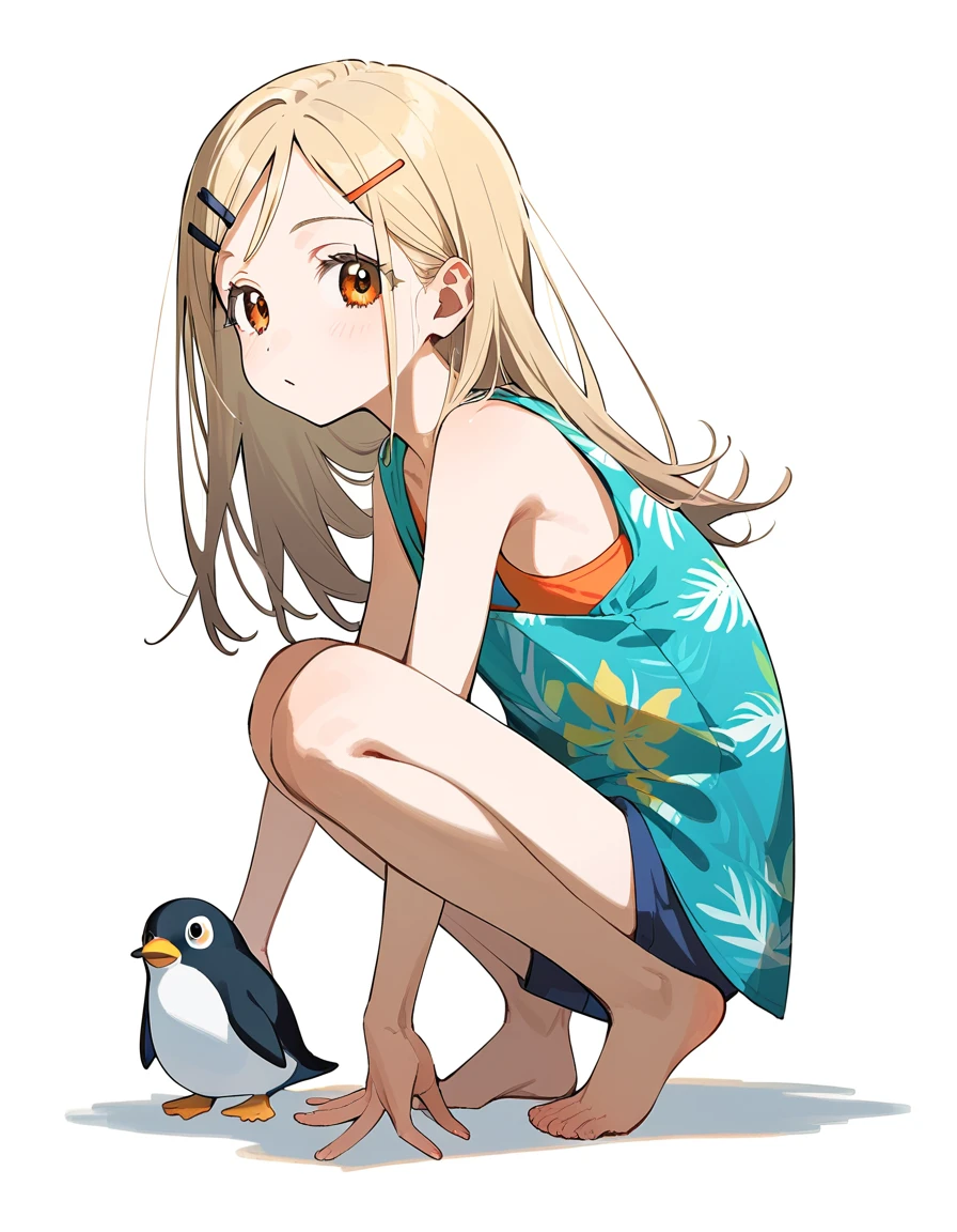 shinosawa hiro,slender,orange eyes,blonde hair,long hair,hairclip,white eyelash,white background,flat chest BREAK  aloha shirt,tanktop,open shirt,crouching,poke,penguin,from side