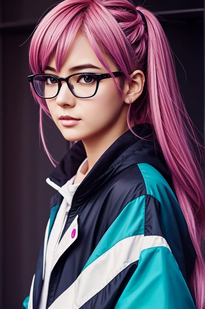 Create an anime-style portrait featuring a single female character similar to the one in the attached image. She should have the same hair color, glasses, and outfit. The background should prominently feature the name 'Mai' in neon color.