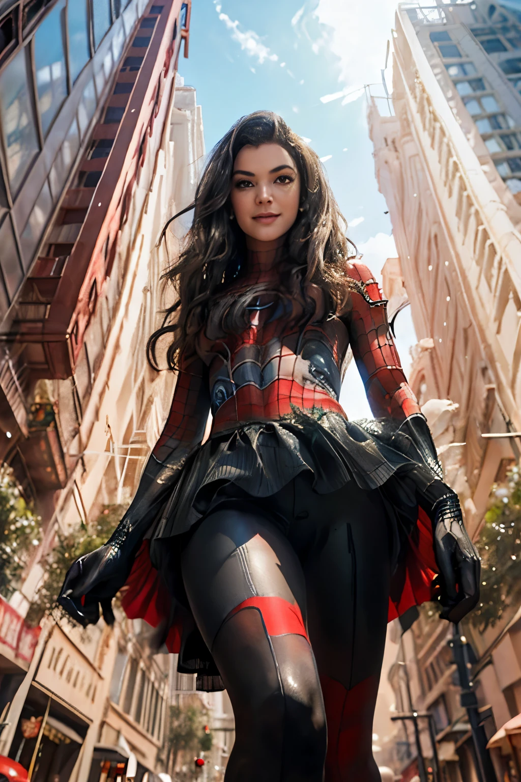 From below, A beautiful girl as spider girl, Gwen, short red skirt with wed pattern, spider man suit,Marvel on the city street, cinematic light, beautiful woman, skinny, medium breasts, black long hair, detailed face, smile, low angle shot, She wears Spider-Man suit, red and black color scheme, spider,a beautiful young woman with long flowing hair, ethereal and graceful, (best quality,4k,8k,highres,masterpiece:1.2),ultra-detailed,(realistic,photorealistic,photo-realistic:1.37),delicate facial features,big expressive eyes,long eyelashes,small nose,lush lips,pale porcelain skin,elegant posture,natural lighting,cinematic composition,fantasy,dreamlike,soft pastel colors