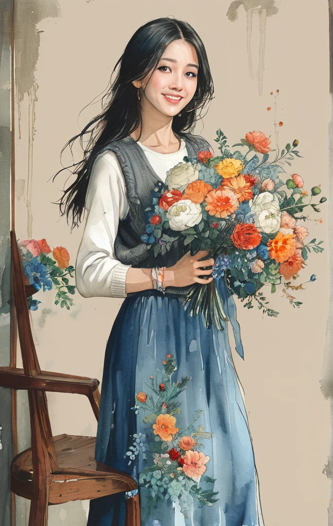 8K,masterpiece,Top quality, (From below:1.6) ,Dynamic poses,30 years old 1 female, Holding a large bouquet,portrait, Floral, Watercolor Sketch, Light, Long hair, Smile, Watercolor \(Moderate\),Watercolor,solid color vest,Plain Light blue sweater,Long skirt