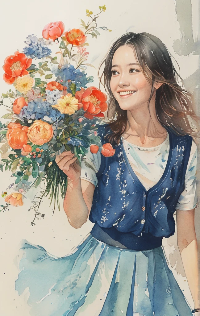 8K,masterpiece,Top quality, (From below:1.6) ,Dynamic poses,30 years old 1 female, Holding a large bouquet,portrait, Floral, Watercolor Sketch, Light, Long hair, Smile, Watercolor \(Moderate\),Watercolor,solid color vest,Plain Light blue sweater,Long skirt
