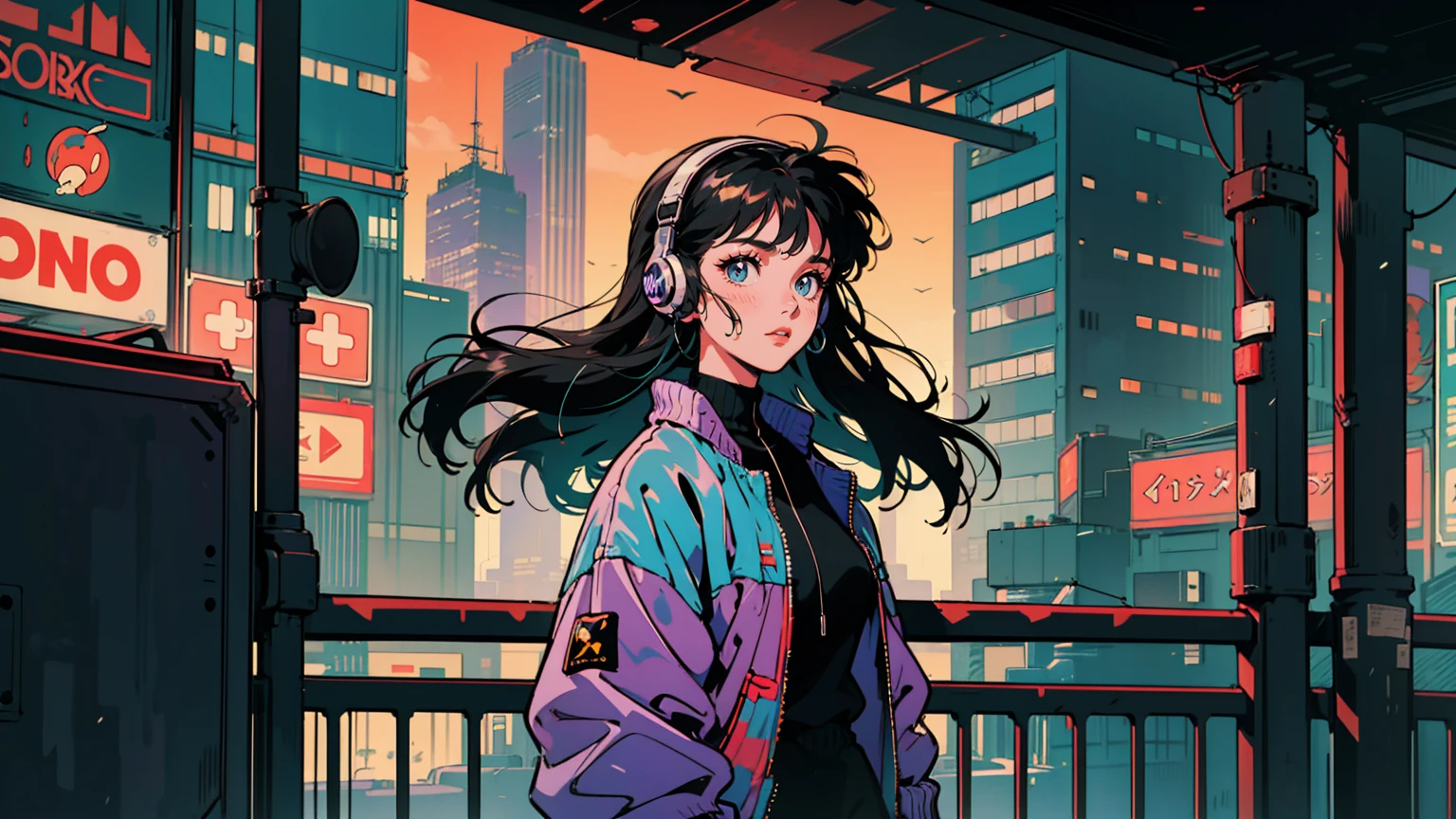 A neon-soaked night in neo-Tokyo, an 18-year-old girl with flowing long hair stands at a bustling crosswalk. Her oversized headphones immerse her in a private soundscape, yet her gaze meets the viewer directly, a mix of curiosity and wistfulness in her eyes. Her vintage letterman jacket contrasts with the hyper-modern cityscape. Behind her, skyscrapers of varying heights paint the skyline in a palette of blues, purples, and warm oranges from countless windows and signs. Holographic ads float by as flying taxis weave between buildings. She stands poised between nostalgia and an unknown future, inviting the viewer into her world
