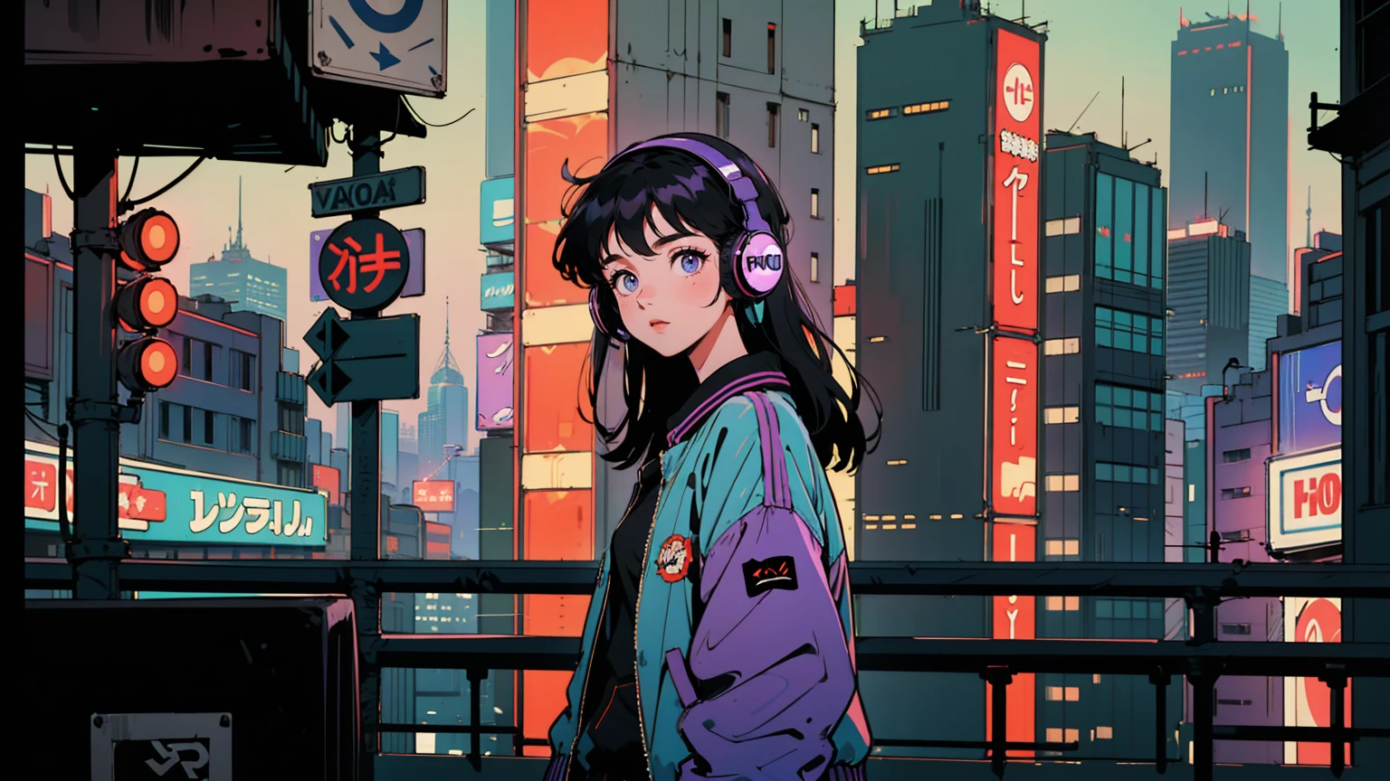 A neon-soaked night in neo-Tokyo, an 18-year-old girl with flowing long hair stands at a bustling crosswalk. Her oversized headphones immerse her in a private soundscape, yet her gaze meets the viewer directly, a mix of curiosity and wistfulness in her eyes. Her vintage letterman jacket contrasts with the hyper-modern cityscape. Behind her, skyscrapers of varying heights paint the skyline in a palette of blues, purples, and warm oranges from countless windows and signs. Holographic ads float by as flying taxis weave between buildings. She stands poised between nostalgia and an unknown future, inviting the viewer into her world
