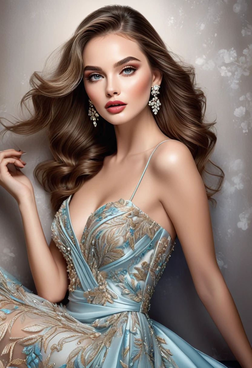 Portrait, beautiful mysterious supermodel with long flowing brown hair, mesmerizing blue eyes, fair complexion, hourglass figure, symmetrical figure, highly detailed face, beautiful face, lush lips, smiling, alluring, realistic 8k smoky background