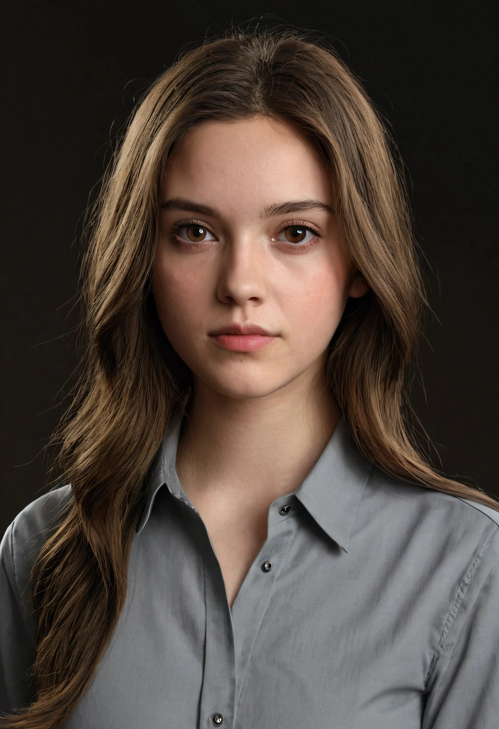 masterpiece, best quality) ung woman, AbbyTLOU2, solo, long hair, looking at viewer, simple background, brown hair, shirt, upper body, parted lips, black background, portrait, grey shirt, realistic, ultra real, so detailed