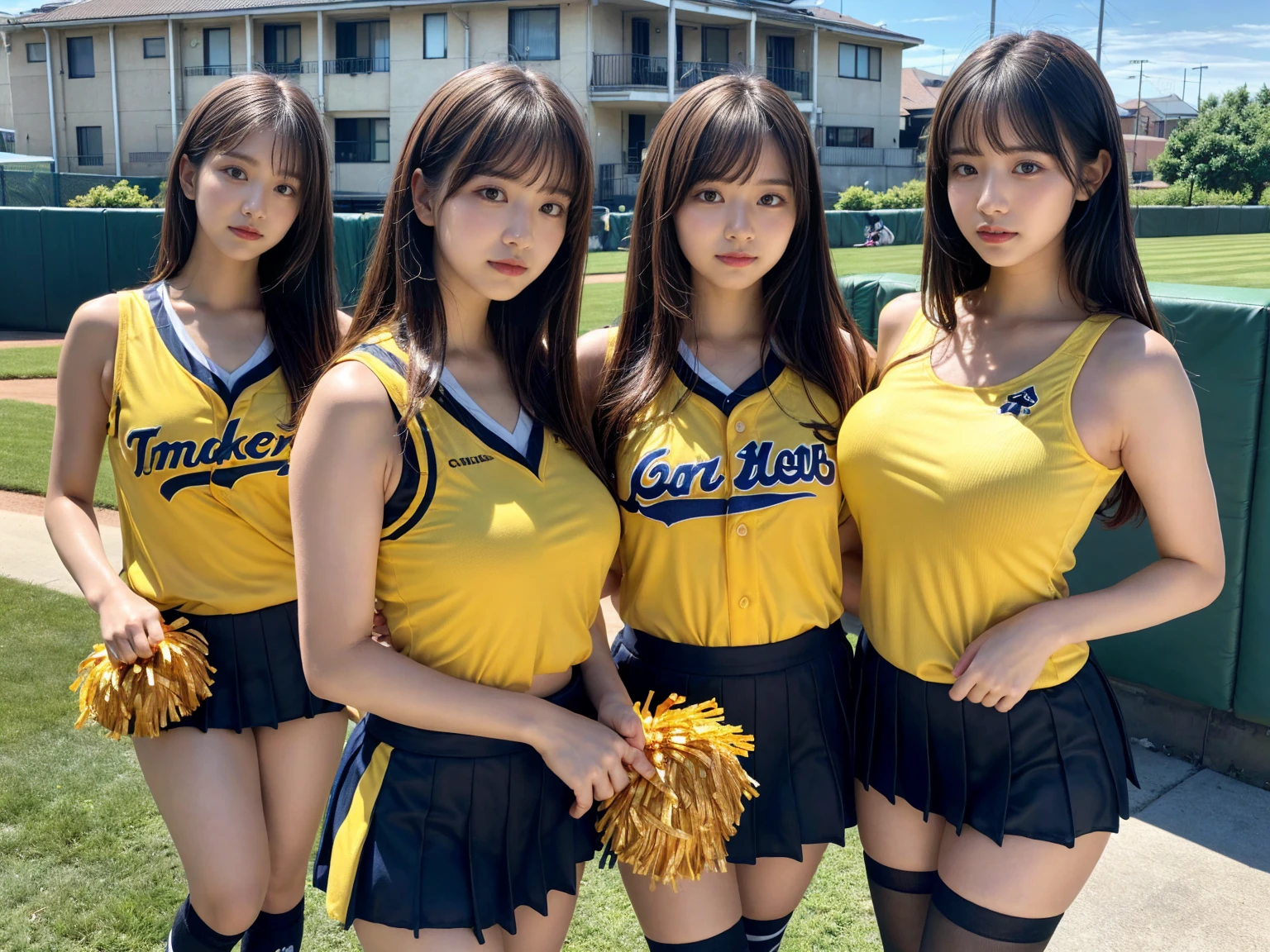 masterpiece, best quality, illustration, Super detailed, fine details, High resolution, 8K,wall paper, perfect dynamic composition,(Details High quality, realistic depiction of eyes:1.3), (3 girls), BREAK (cheerleader uniform with yellow as basic color:1.3), (holding a yellow pompoms in hand:1.4), (sleeveless yellow tunic with baseball team logo:1.4), yellow tops, (bold V-neck:1.3), ((Blue lines, black lines) on tops:1.3), ((fit and flare, A-line):1.3), (A-line yellow rah-rah skirt:1.3), mini skirt, (black socks:1.3), (sports shoes:1.2), sitting, open legs, short bob hair, in a hotel room in the background, deep on field, large breasts, black hair color, Big Natural Color Lip, (perfect body shape), crying a little、Harajuku style、20 year old girl、cute type、beautiful legs, Gravure Idol