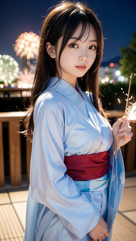 high resolution、Japanese women、beautiful、cute、Brown long hair hairstyle、Small face、肌がbeautiful、Large breasts、Reality Stick、summer、night、firework、Wearing a long-sleeved yukata、The front of the yukata is closed、打ち上げfireworkを見ている