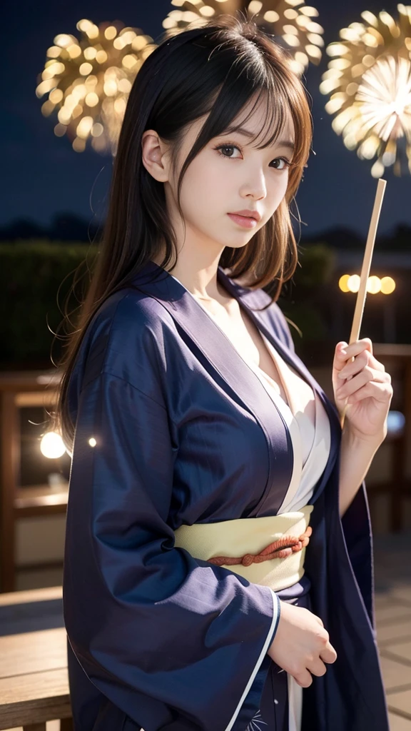 high resolution、Japanese women、beautiful、cute、Brown long hair hairstyle、Small face、肌がbeautiful、Large breasts、Reality Stick、summer、night、firework、Wearing a long-sleeved yukata、The front of the yukata is closed、打ち上げfireworkを見ている