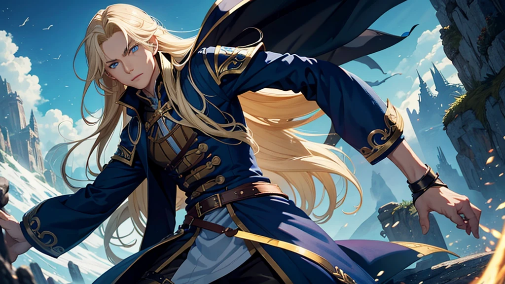 1man, long hair, blonde hair, androgynous man, blue eyes, fantasy adventurer outfit, crazy looking