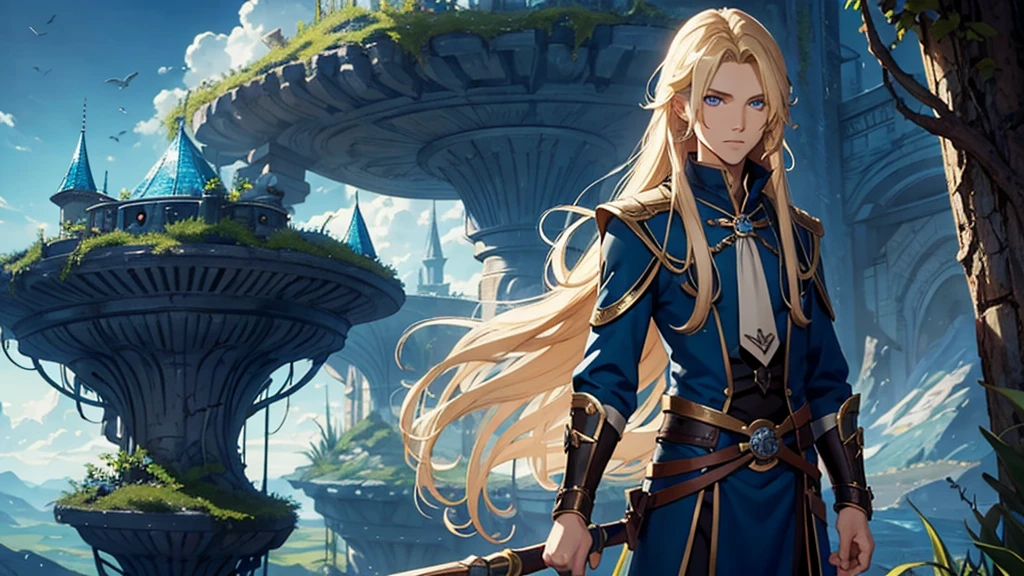 1man, long hair, blonde hair, androgynous man, blue eyes, fantasy adventurer outfit, crazy looking