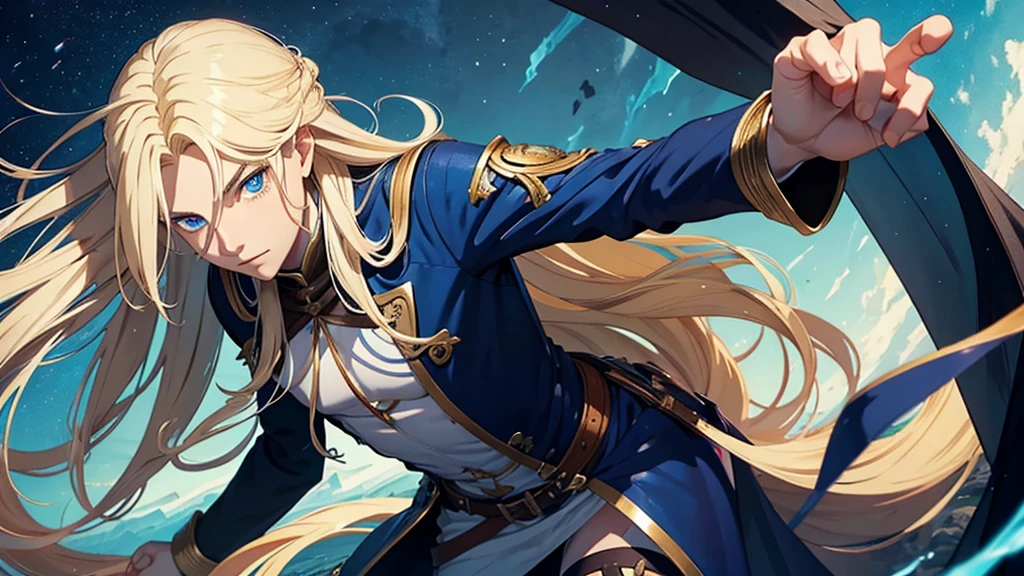 1man, long hair, blonde hair, androgynous man, blue eyes, fantasy adventurer outfit, crazy looking