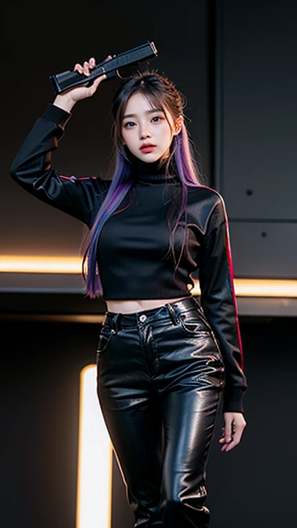 Korean woman, straight rainbow hair, 20 years old, pretty, tall, holds a gun in her right hand. black turtleneck dark gray pants Black leather shoes, action pose, full body photo. 32K realistic images, very detailed Background of shooting sports at the 2024 Olympics"