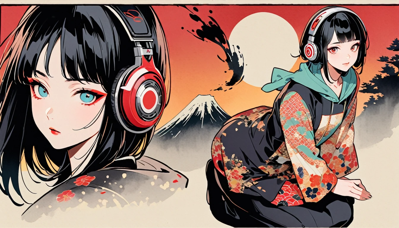 A female skeleton with long hair wearing a flashy kimono with butterfly patterns, Sunglasses with light blue lenses, Katsushika Hokusai, Ink Painting, Japanese style headphones, 2 Japanese swords, Modern ukiyo-e style, Red Eyes