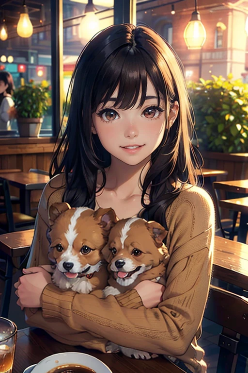 a cute girl with long straight dark brown hair, round face, brown eyes, wearing a brown sweater, sitting in a cafe drinking coffee, sunset, bangs-less, smiling widely showing teeth, holding a poodle puppy in her arms, photorealistic, detailed facial features, warm lighting, cozy atmosphere, (best quality,8k,highres,masterpiece:1.2),ultra-detailed,realistic,studio lighting,professional,vivid colors,bokeh