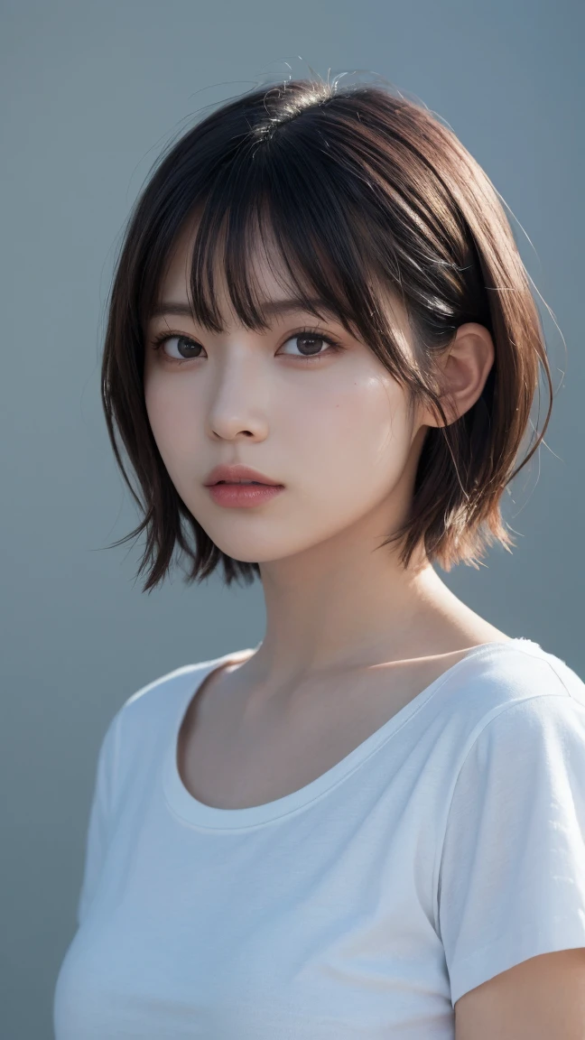 Highest quality, masterpiece, Ultra-high resolution, (Realistic:1.5), RAW Photos, 1 girl, White T-shirt, Simple Background, Deep Shadow, Inconspicuous key, Cold Light, Sexy look, short hair